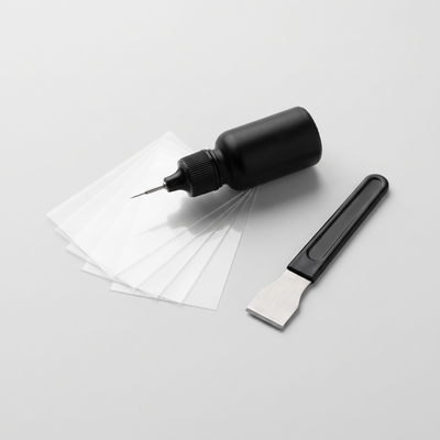Jasminthco GlassFix windshield repair kit: resin applicator, curing films and razor blade