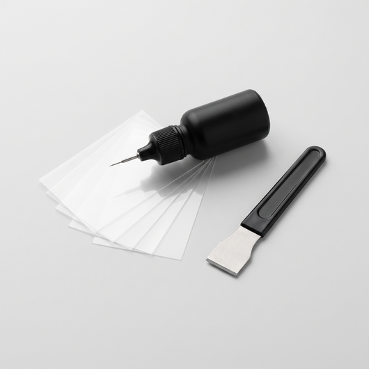 Jasminthco GlassFix windshield repair kit: resin applicator, curing films and razor blade